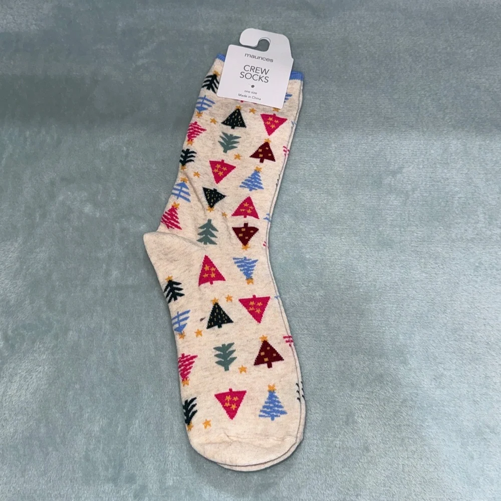 Maurices Cream Socks with Festive Tree Design